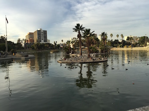 View of beautiful MacArthur Park from 7th & Alvarado near downtown Los Angeles